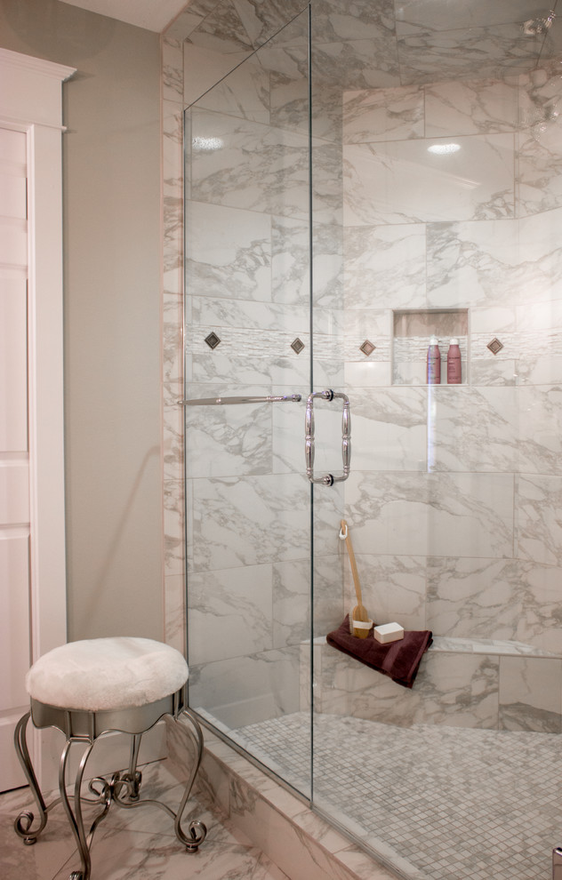 Example of a transitional master white tile and porcelain tile wet room design in Cedar Rapids with beige walls