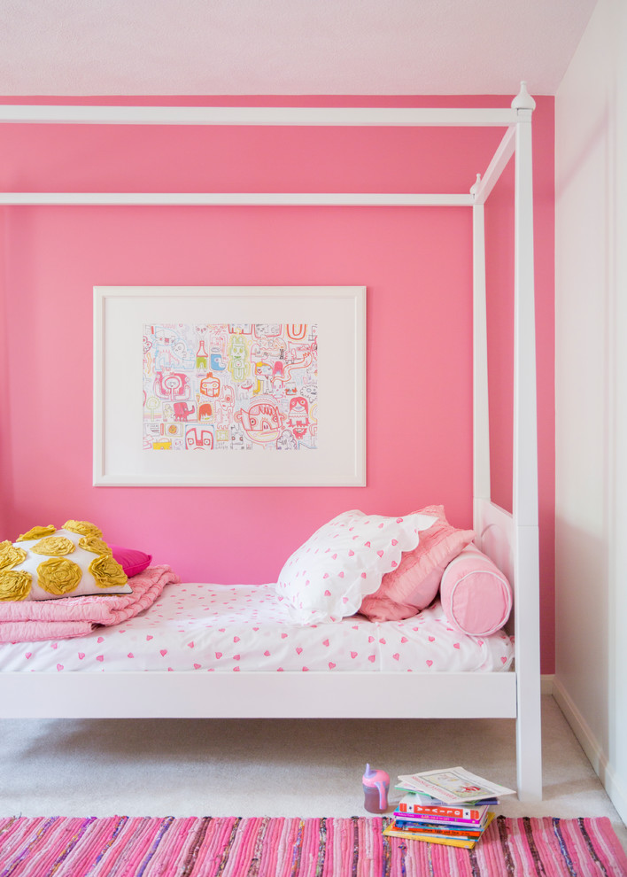 Design ideas for a transitional kids' bedroom in Boston with pink walls.