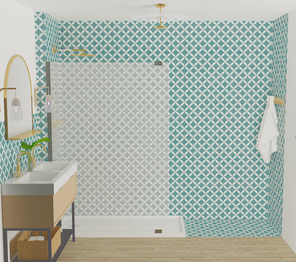 Exempel på ett litet 60 tals en-suite badrum, med en kantlös dusch, blå kakel, keramikplattor, vita väggar, ett piedestal handfat och med dusch som är öppen