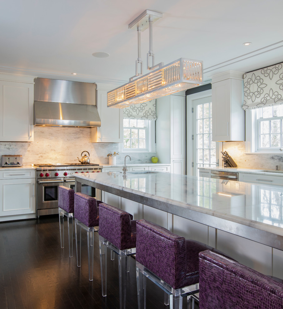 This is an example of a large contemporary l-shaped eat-in kitchen in DC Metro with an integrated sink, shaker cabinets, white cabinets, marble benchtops, white splashback, stainless steel appliances, painted wood floors and with island.