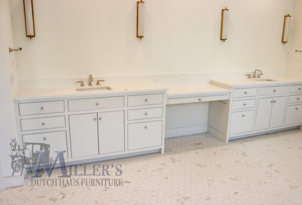 This is an example of a large classic shower room bathroom in Tampa with beaded cabinets, white cabinets, white floors, white worktops, double sinks and a built in vanity unit.