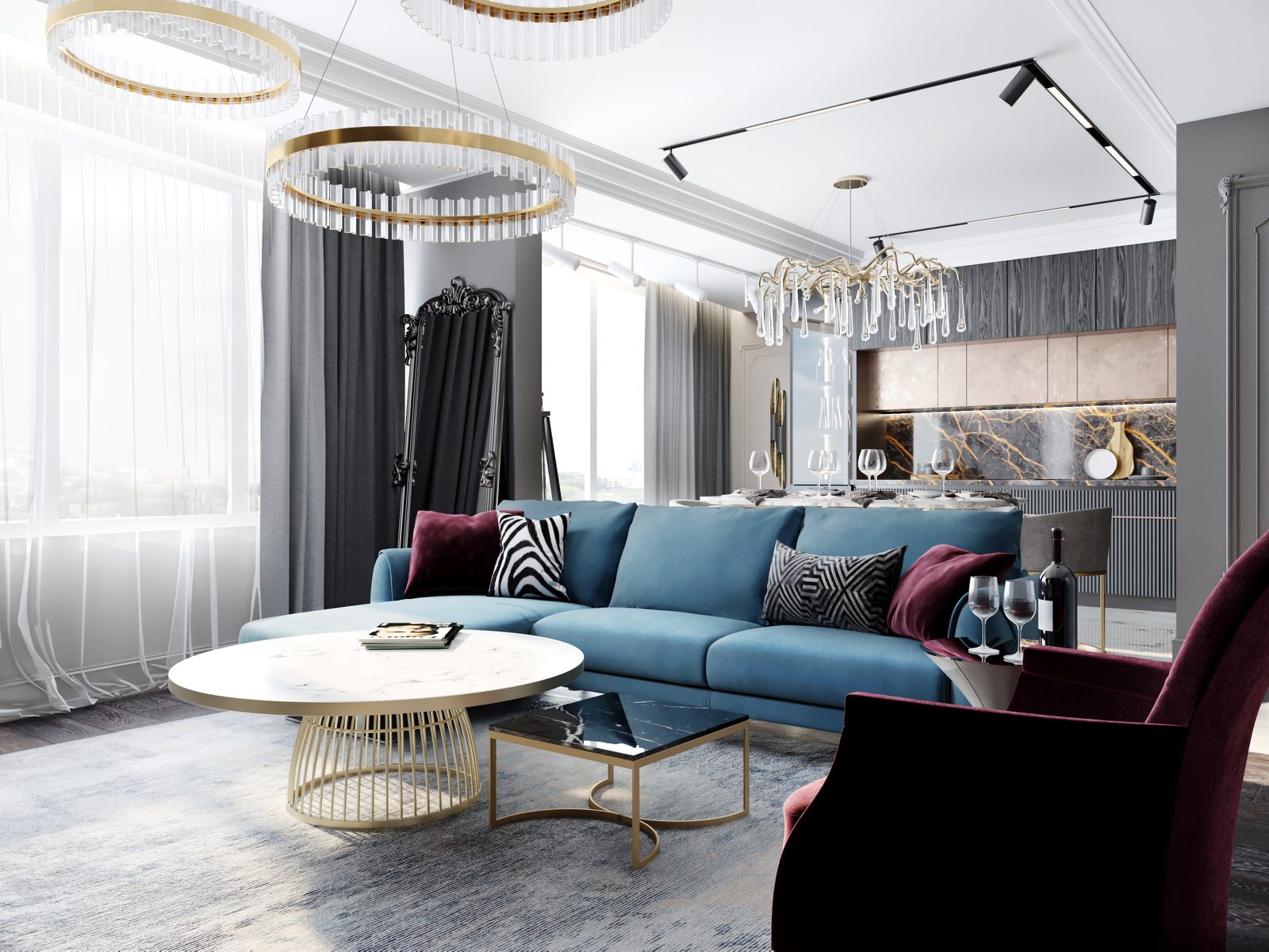 Эклектичная кухня-гостиная