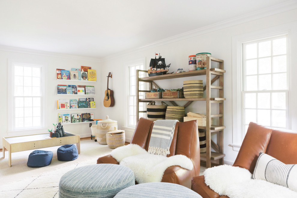 Inspiration for a contemporary kids' playroom in Richmond with white walls.