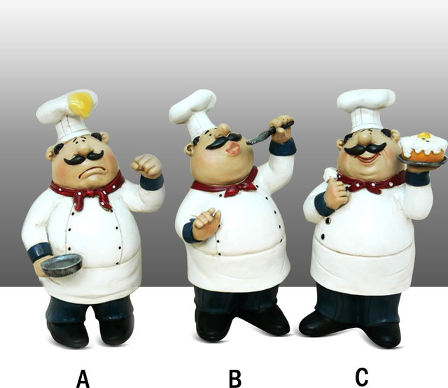 Chef Kitchen Statue with Pancake on Head Table Top Art Figurine Complete Set
