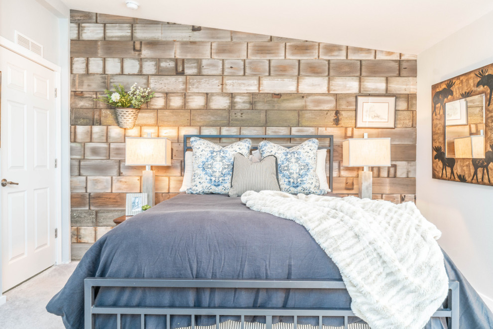 Example of a mid-sized mountain style master wood wall bedroom design in Seattle