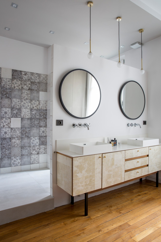 Large trendy master white tile double-sink bathroom photo in Paris with beige cabinets, quartzite countertops, white countertops and a freestanding vanity