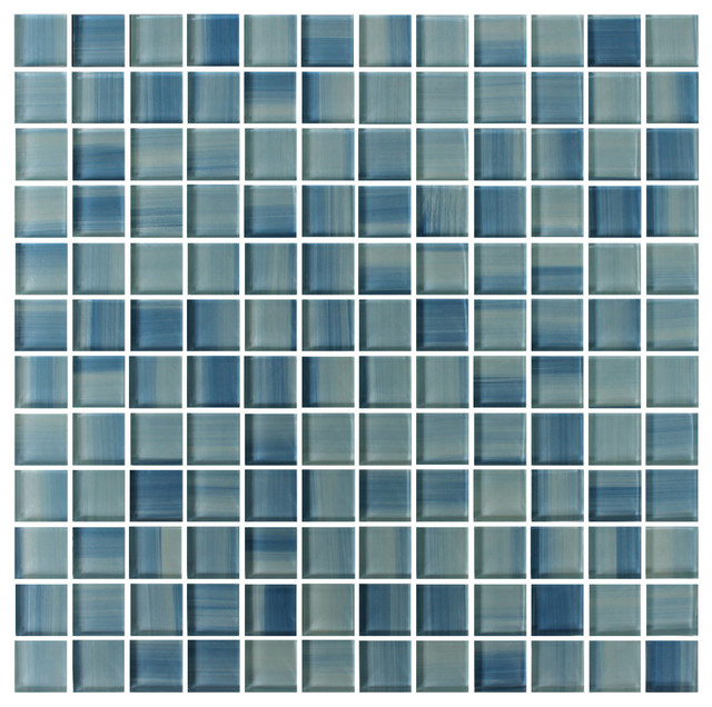 Blue Skies Hand Painted Square Glass Mosaic Tile, Chip Size: 1"x1", 12.75"x12.75