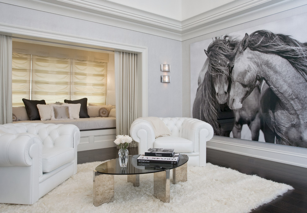 Inspiration for a contemporary family room in New York with grey walls, dark hardwood floors, no fireplace and no tv.