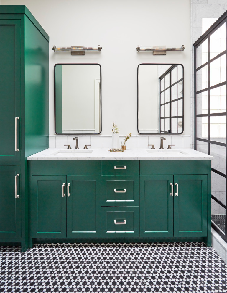 Contemporary bathroom in Chicago with green cabinets, a hinged shower door and a double vanity.