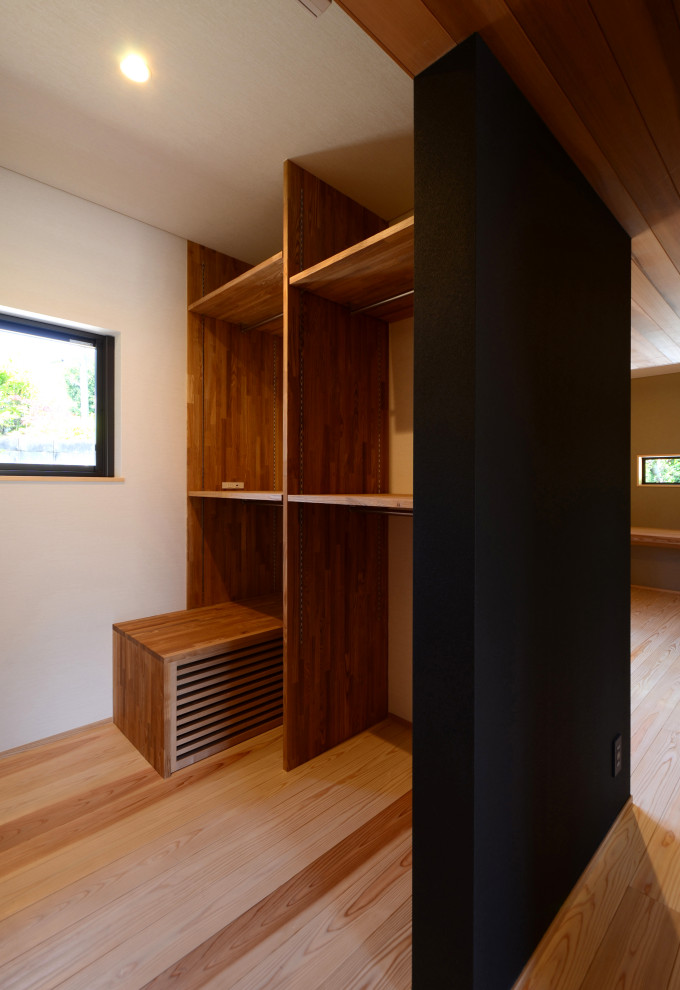 Стильный дизайн: встроенный шкаф среднего размера, унисекс с паркетным полом среднего тона, коричневым полом и потолком с обоями - последний тренд
