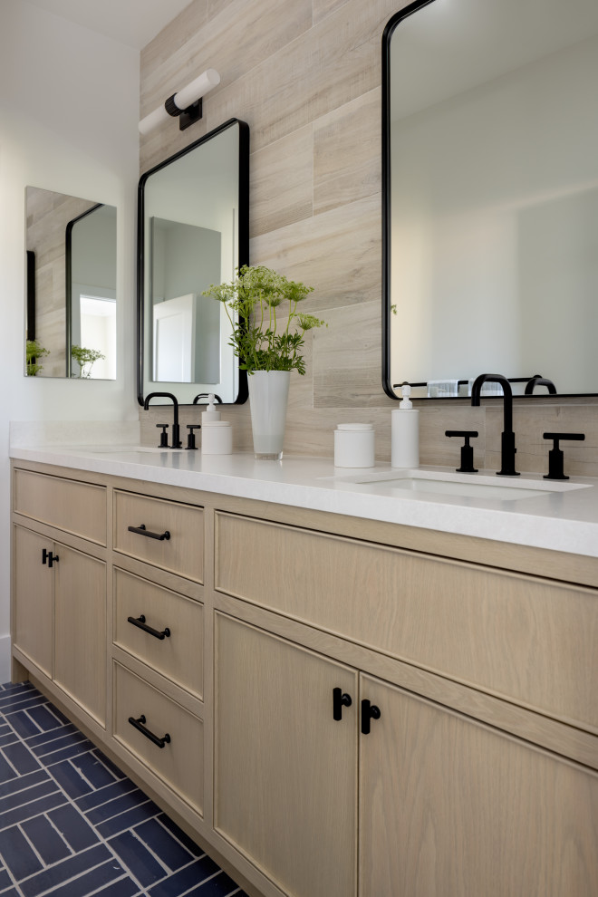 Photo of a small beach style kids bathroom in Orange County with multi-coloured tile, porcelain tile, multi-coloured walls, brick floors, blue floor, beaded inset cabinets, beige cabinets, an undermount sink, engineered quartz benchtops, white benchtops, a double vanity and a built-in vanity.