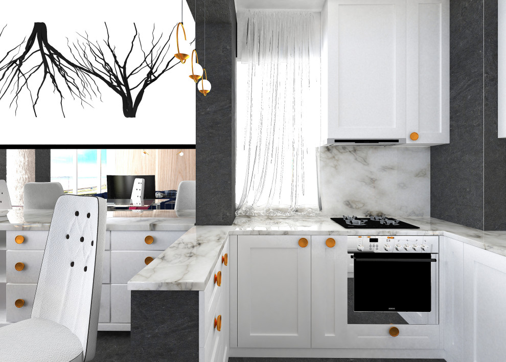 Design ideas for a small modern u-shaped open plan kitchen in Dorset with a drop-in sink, shaker cabinets, white cabinets, marble benchtops, white splashback, stainless steel appliances, grey floor, white benchtop, marble splashback, ceramic floors, multiple islands and recessed.