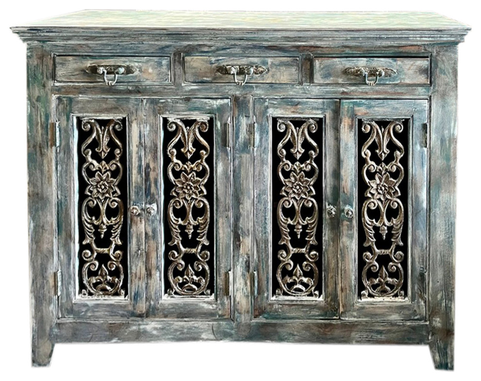 Rustic Jali Sideboard, Antique Teak Wood Door Credenza, Unique