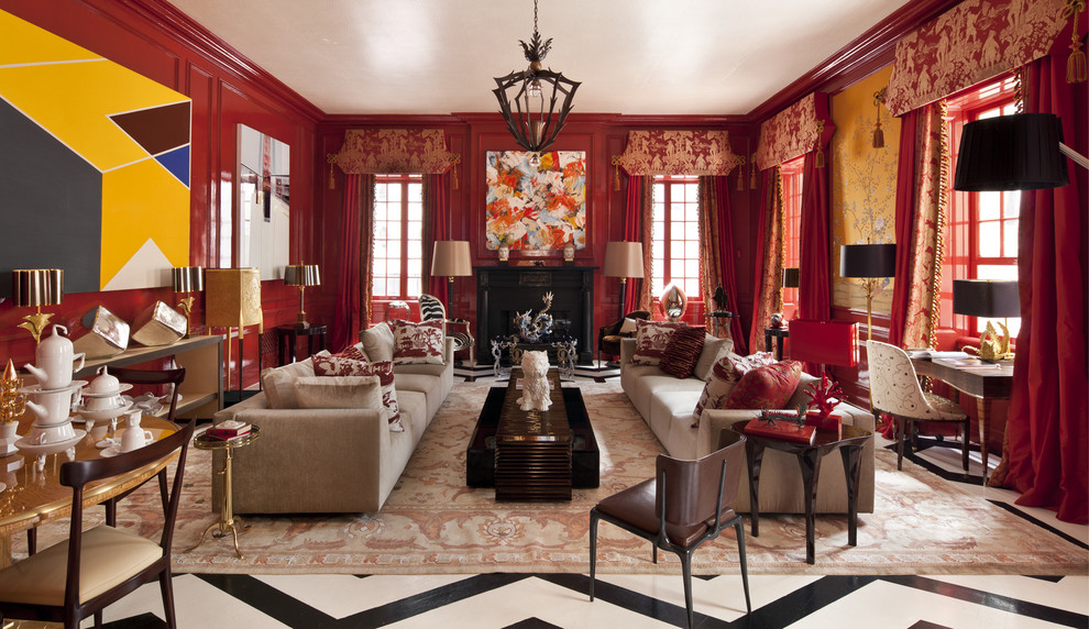 Expansive traditional enclosed living room in New York with red walls, a standard fireplace, no tv and multi-coloured floor.