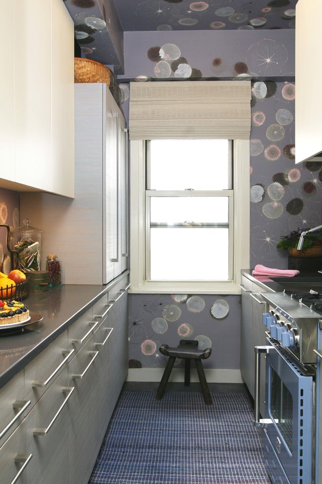 This is an example of a contemporary galley separate kitchen with flat-panel cabinets, stainless steel appliances and no island.