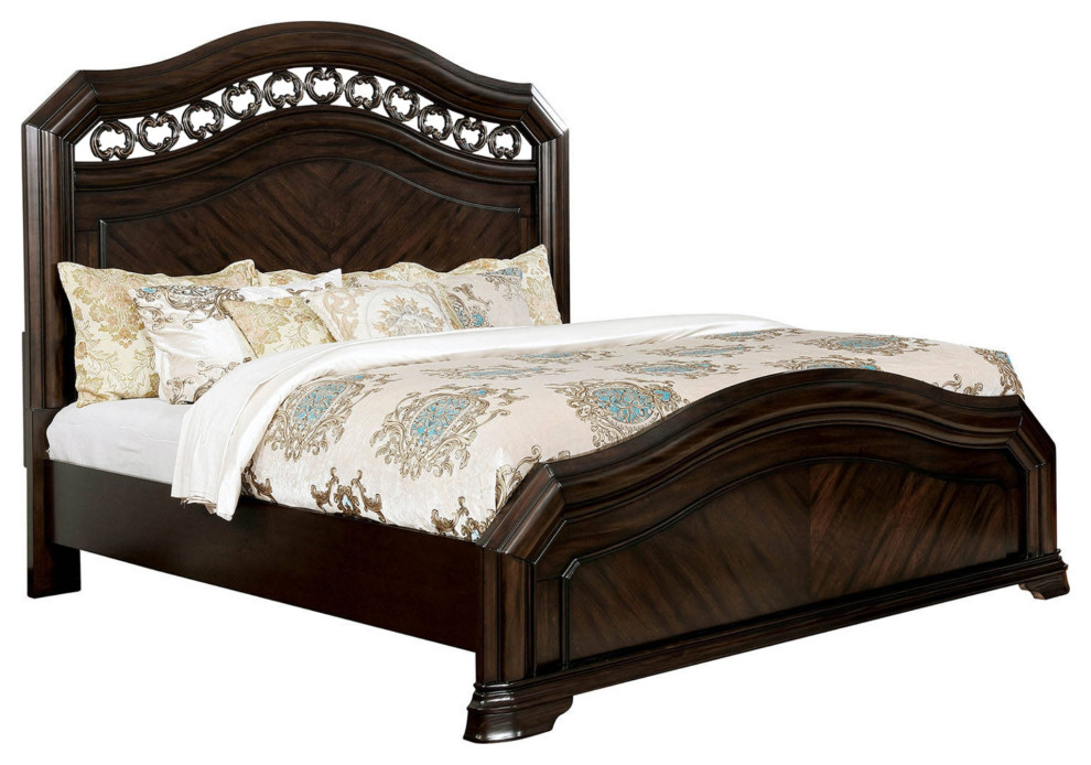 California King Bed with Ornate Scrollwork Headboard and Mirror Trim