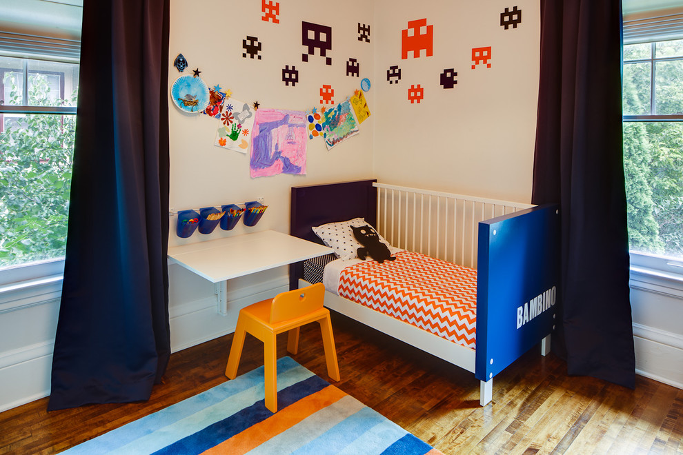 Inspiration for a contemporary kids' room in Minneapolis with white walls.