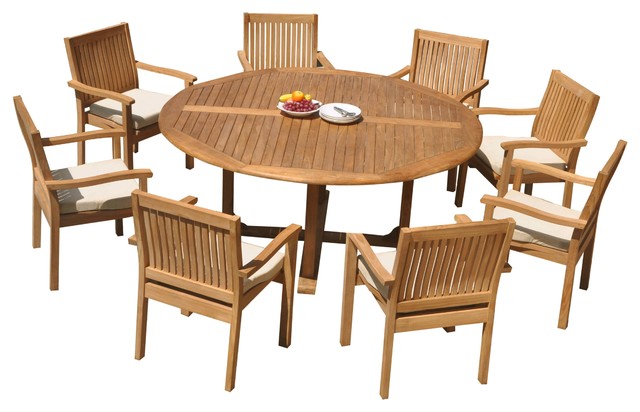 9 Piece Outdoor Teak Dining Set 72, Round Table 8 Chairs