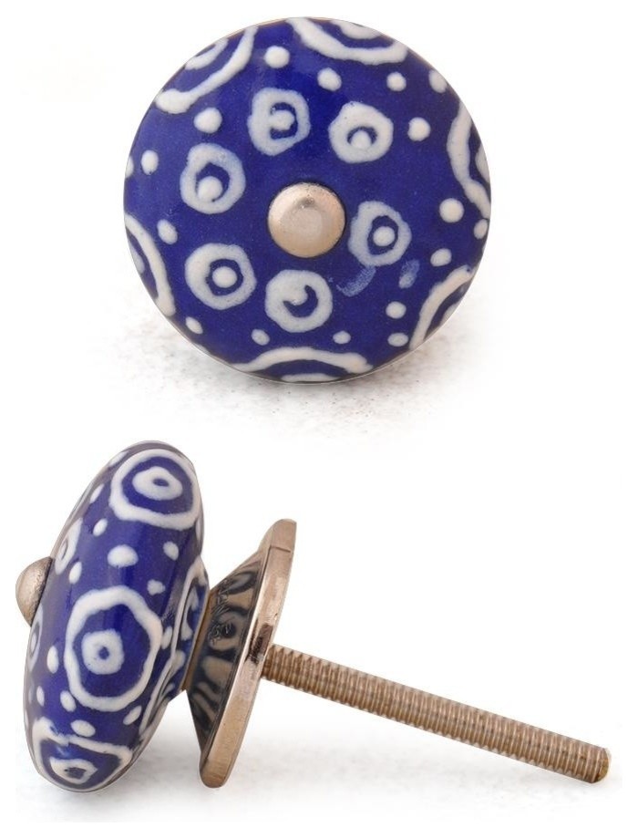Ceramic Knobs. White With Blue Base, Set of 3