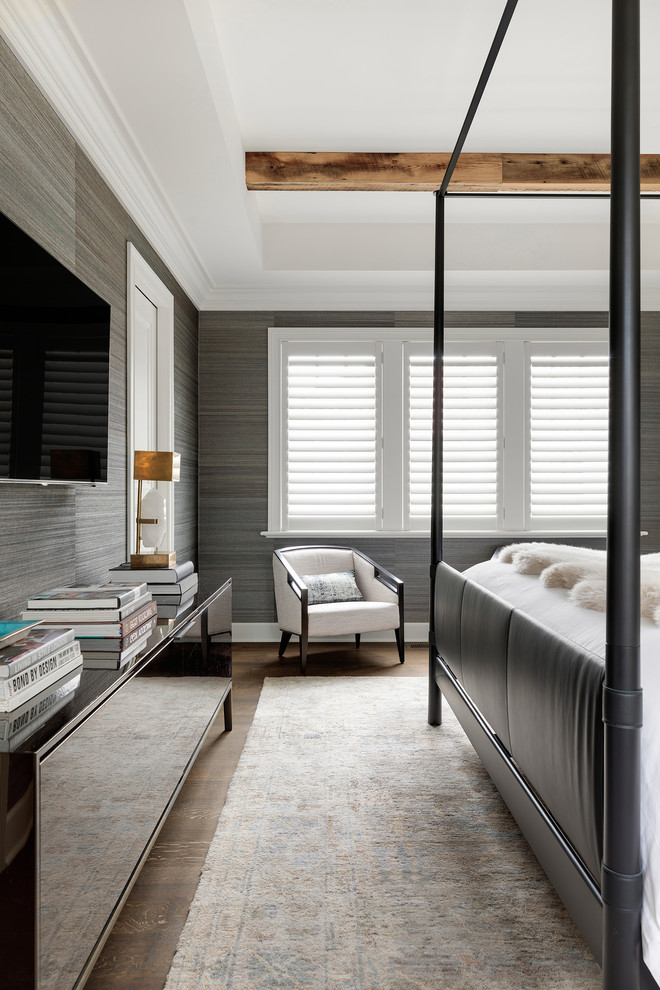 This is an example of a mid-sized transitional master bedroom in Minneapolis with grey walls, dark hardwood floors and brown floor.