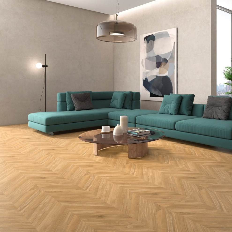 Living room in Other with porcelain flooring and brown floors.