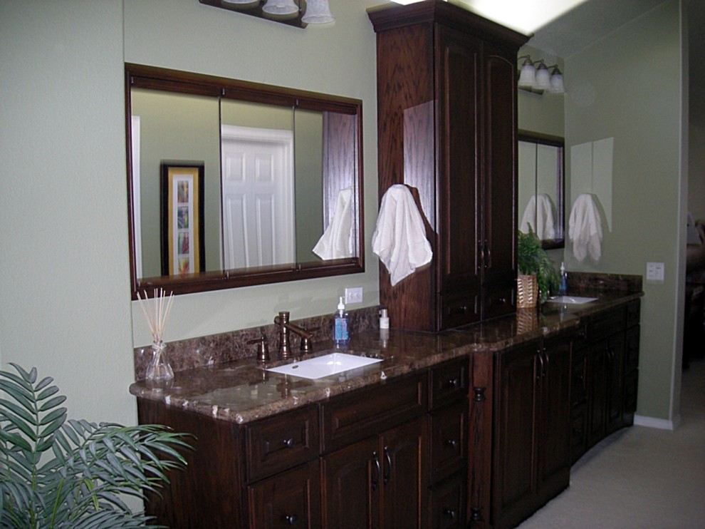Design ideas for a large tropical master bathroom in Orange County with an undermount sink, raised-panel cabinets, dark wood cabinets, marble benchtops, a drop-in tub, a corner shower, a two-piece toilet, beige tile, porcelain tile, white walls and porcelain floors.