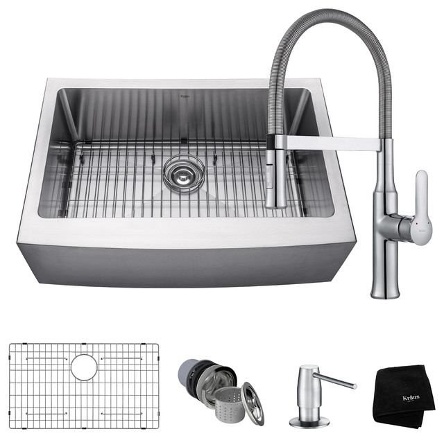 Combo 30" Single Stainless Farmhouse Sink and Flex Faucet With Dispenser, Chrome