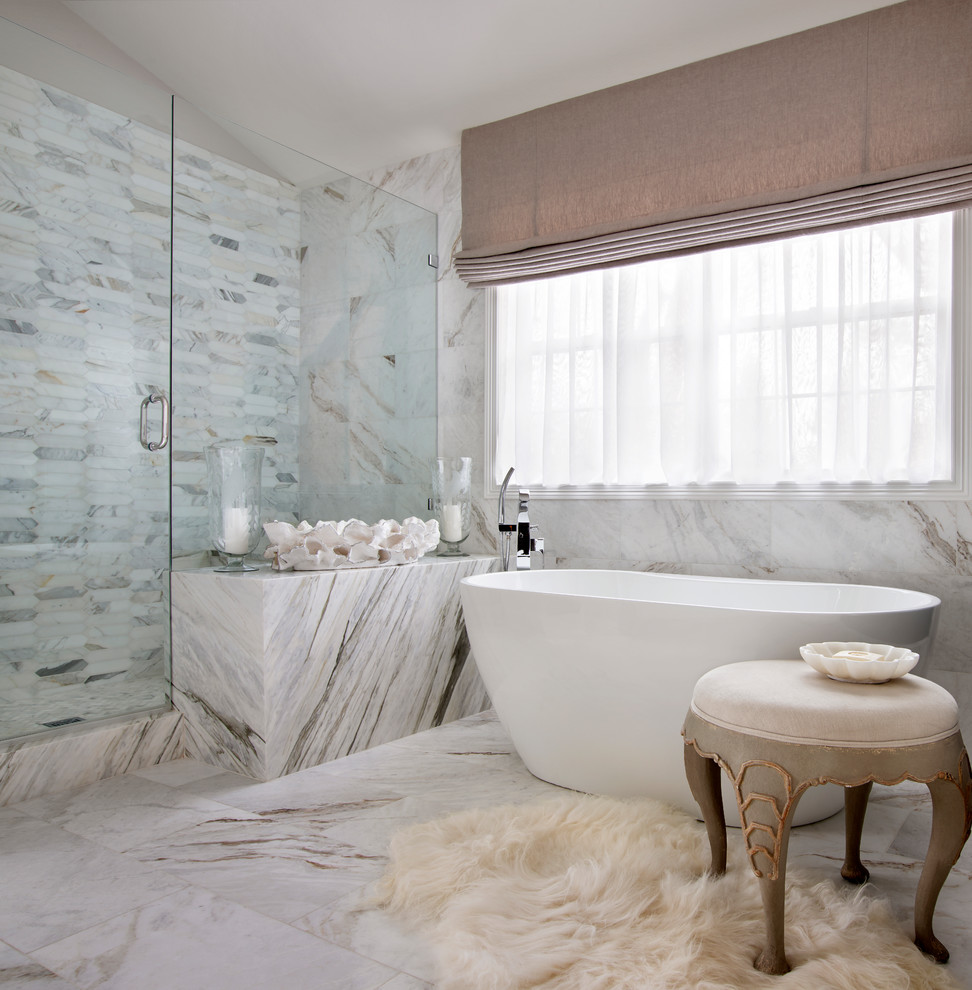 Design ideas for a mid-sized transitional master bathroom in Denver with a freestanding tub, white tile, marble, white walls, marble floors, marble benchtops, white floor and white benchtops.