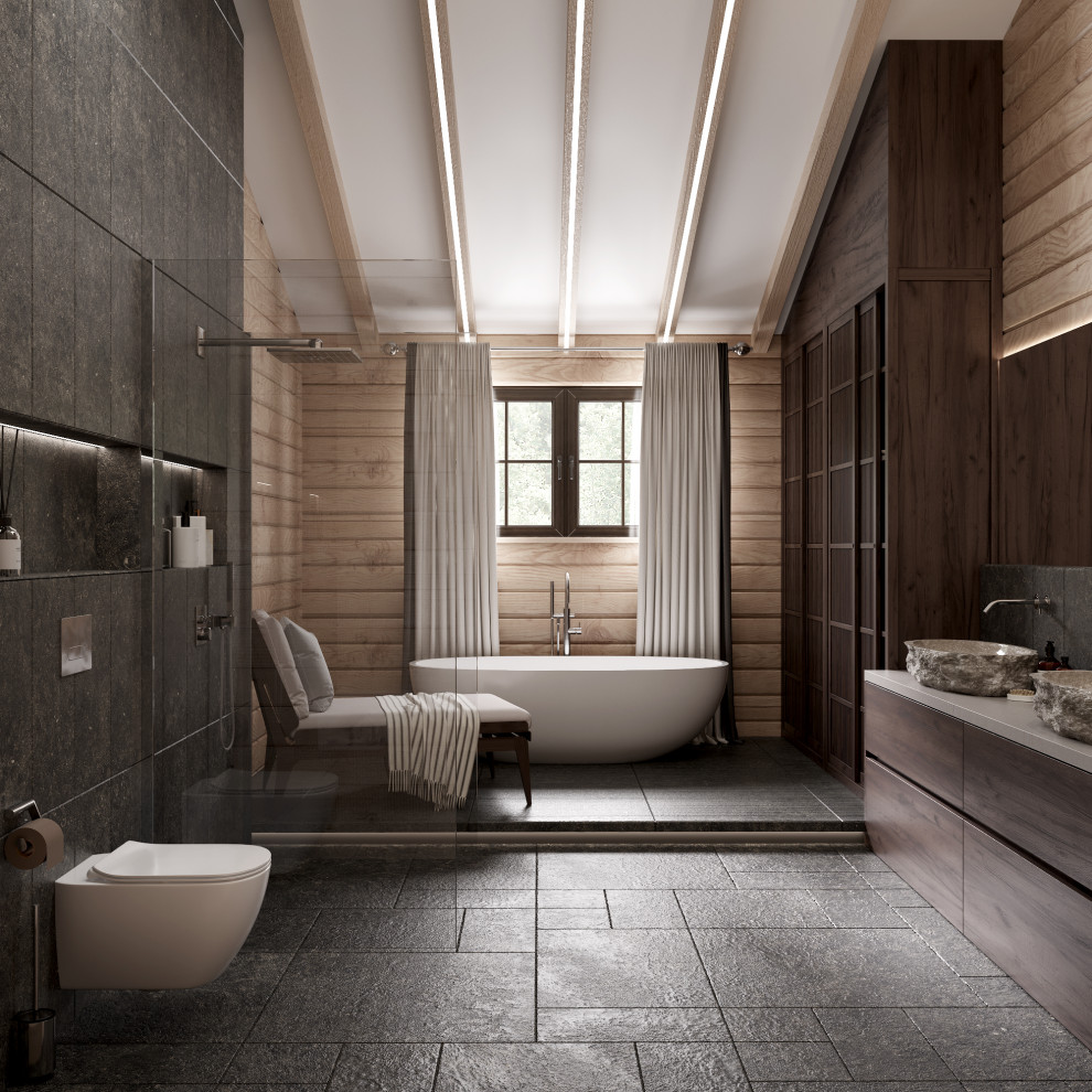 Inspiration for a large contemporary 3/4 bathroom in Other with louvered cabinets, dark wood cabinets, a freestanding tub, a shower/bathtub combo, a wall-mount toilet, brown tile, porcelain tile, beige walls, porcelain floors, a drop-in sink, quartzite benchtops, brown floor, an open shower, beige benchtops, a double vanity, a freestanding vanity, exposed beam and wood walls.