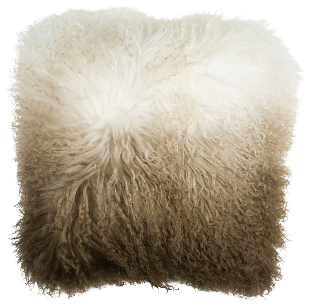 Fuyu Dipdyed Throw Pillow, 100% Mongolian Sheep Fur, Brown/White, 16"x 16"