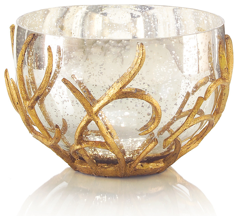 Mayron Hollywood Regency Gold Branches Silver Mercury Glass  Bowl