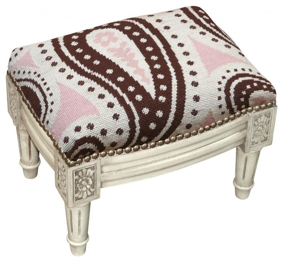 Paisley Wool Needlepoint Wooden Footstool Traditional Footstools