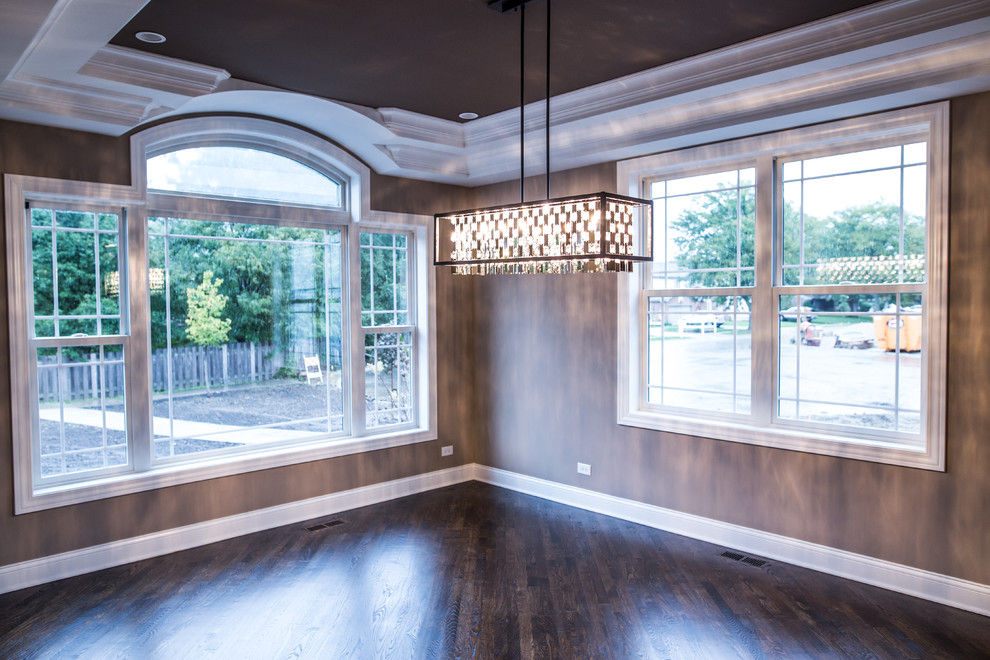 Home design - mid-sized transitional dark wood floor home design idea in Chicago with brown walls and no fireplace
