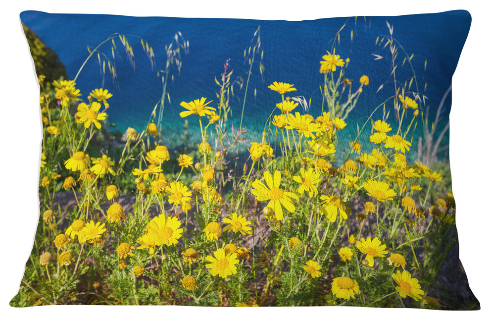 Wild Yellow Flowers over Sea Coast Flower Throw Pillow, 12"x20"