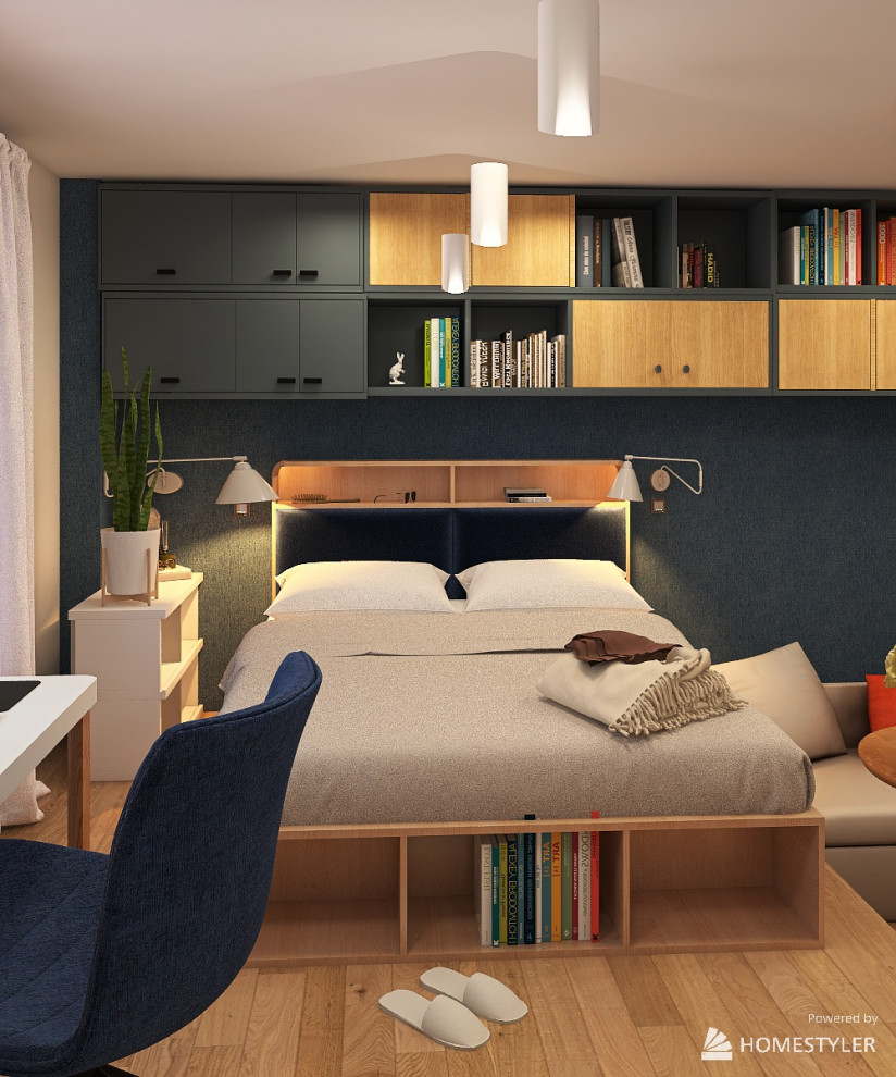 Квартира-студия с кроватью на подиуме для семейной пары