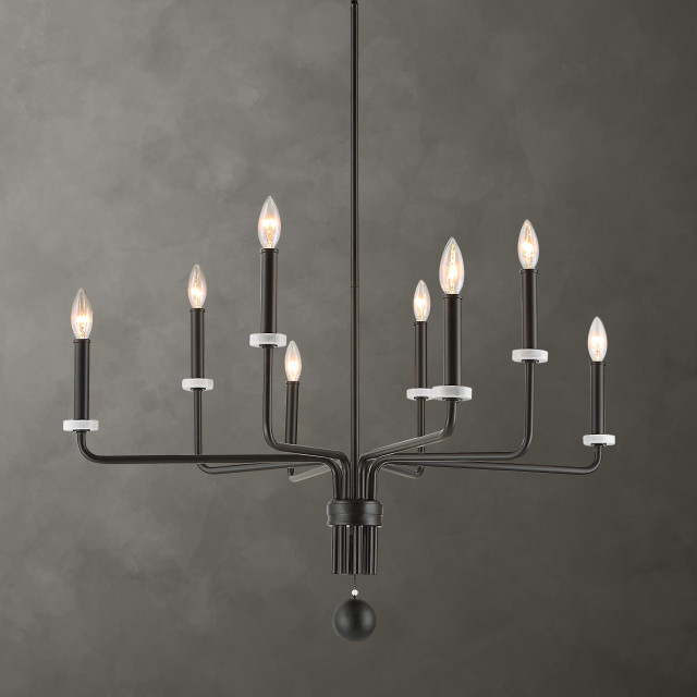 View of Elegant Minimalist Black 8 Light Chandelier Modern Lines Dramatic White ...