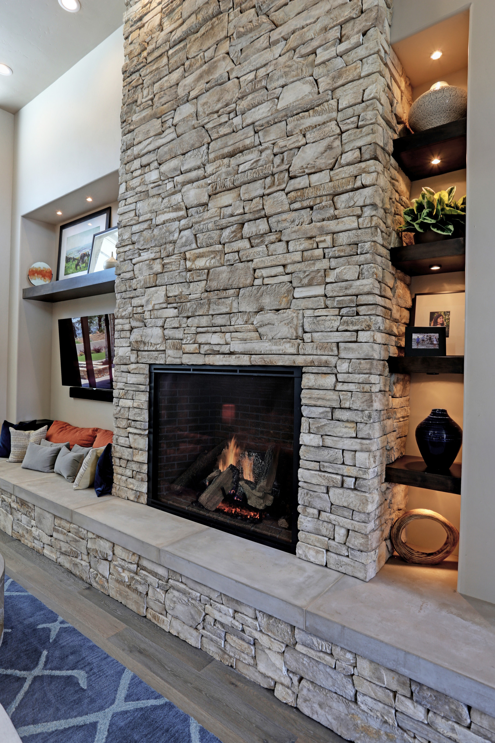 75 Gray Living Room with a Stacked Stone Fireplace Ideas You'll Love -  September, 2023 | Houzz