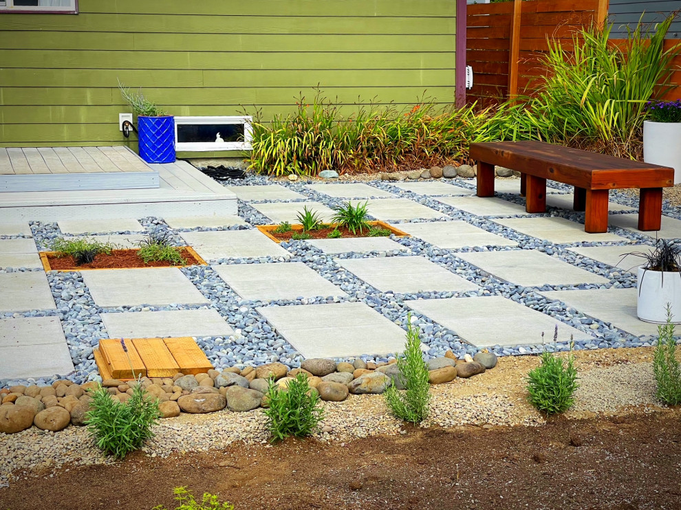 Modelo de jardín contemporáneo pequeño en patio delantero con exposición total al sol y adoquines de hormigón