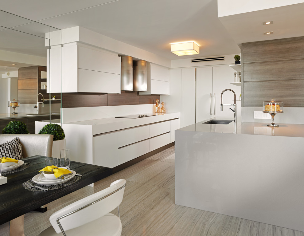 Design ideas for a contemporary u-shaped eat-in kitchen in Miami with an undermount sink, flat-panel cabinets, white cabinets, no island and panelled appliances.