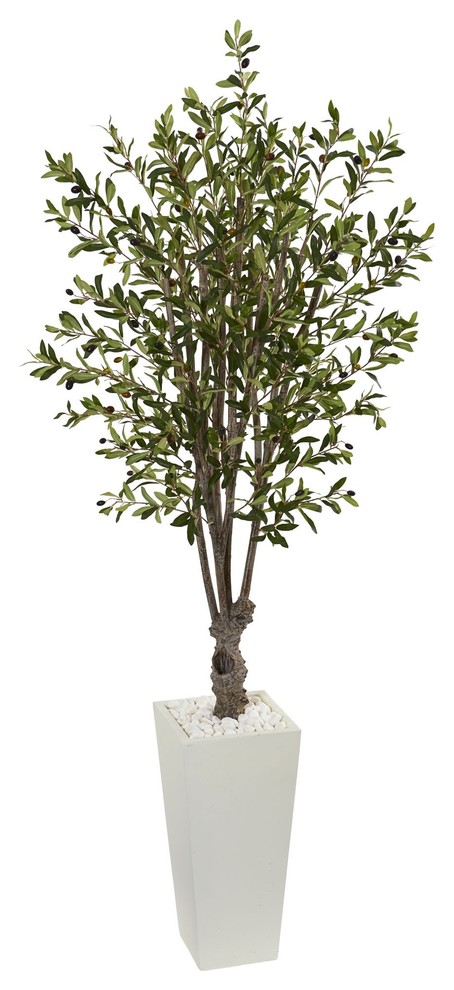 Artificial Tree 6 Foot Olive Tree with White Tower Planter