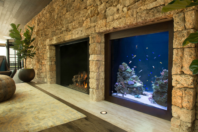 In Wall Custom Aquarium Fireplace Adjacent Wohnbereich