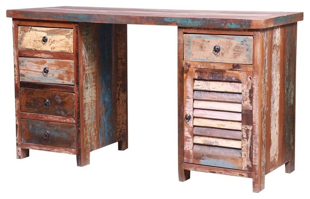 Triastan Reclaimed Wood 5 Drawer Executive Desk Farmhouse Desks And