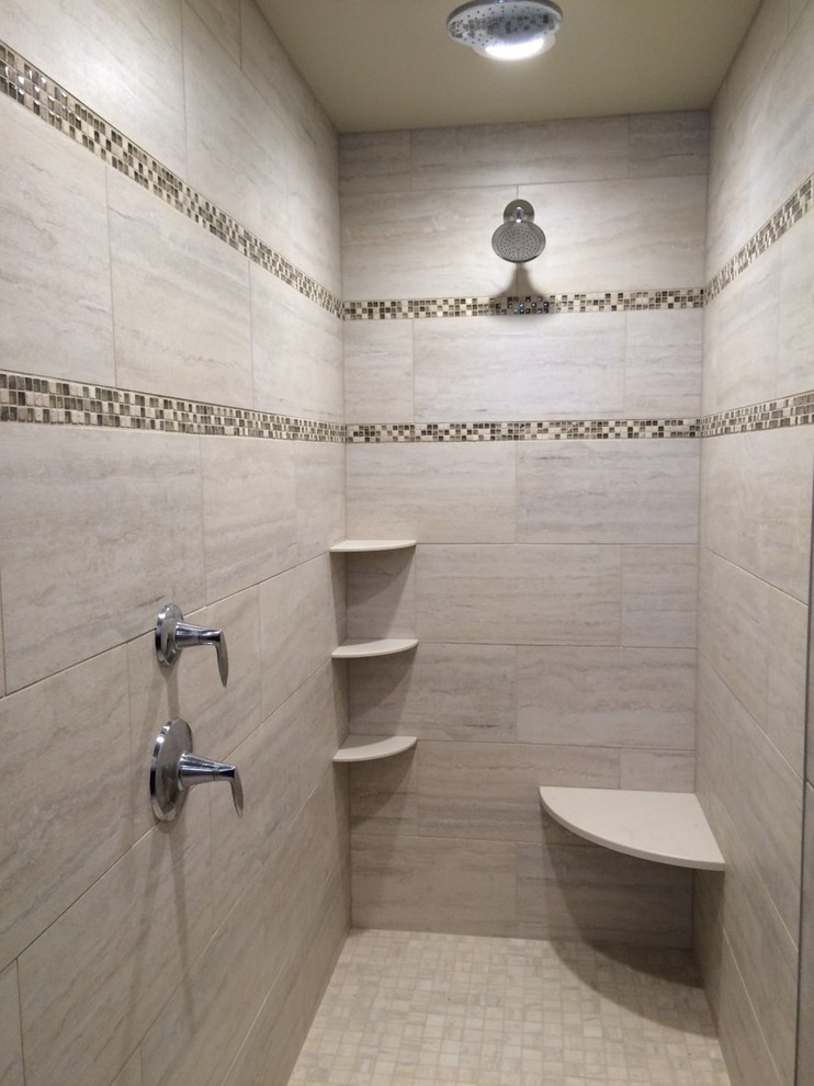 Inspiration for a mid-sized transitional master beige tile and ceramic tile alcove shower remodel