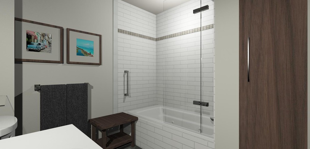 This is an example of a mid-sized contemporary master bathroom in Toronto with shaker cabinets, brown cabinets, a drop-in tub, a shower/bathtub combo, a two-piece toilet, white tile, ceramic tile, grey walls, porcelain floors, an integrated sink, solid surface benchtops, grey floor and a hinged shower door.