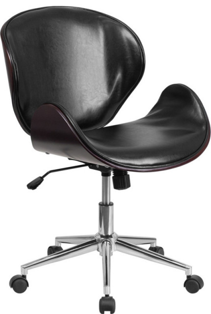 Mid-Back Wood Swivel Chair, Black, Mahogany
