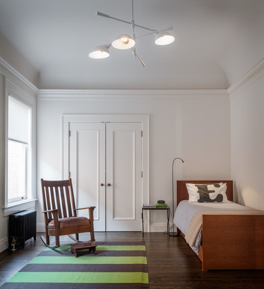 Transitional guest bedroom in San Francisco with white walls and dark hardwood floors.