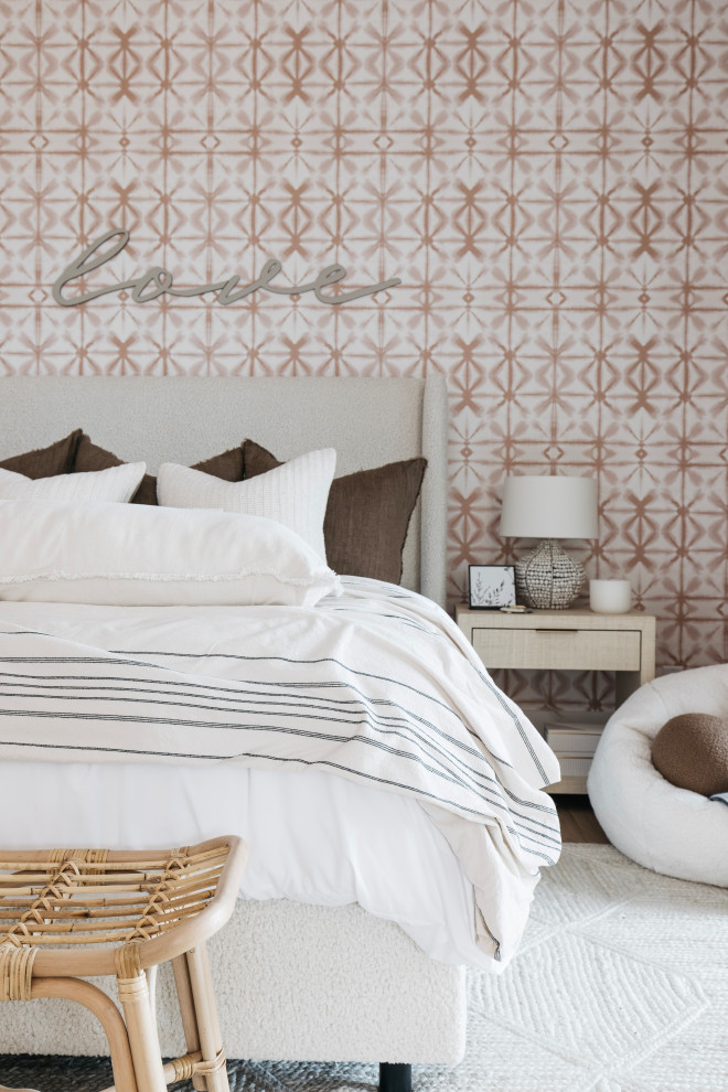 This is an example of a large classic master bedroom in Phoenix with white walls, light hardwood flooring, beige floors, a timber clad ceiling and panelled walls.