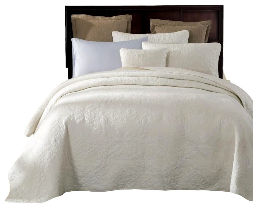 Tache Powder Snow 100% Cotton Solid White Quilt Bedspread Set, Queen
