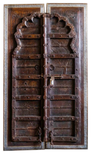 Consigned 19c Antique Indian Door, Rustic Teak Architectural Medieval Doors