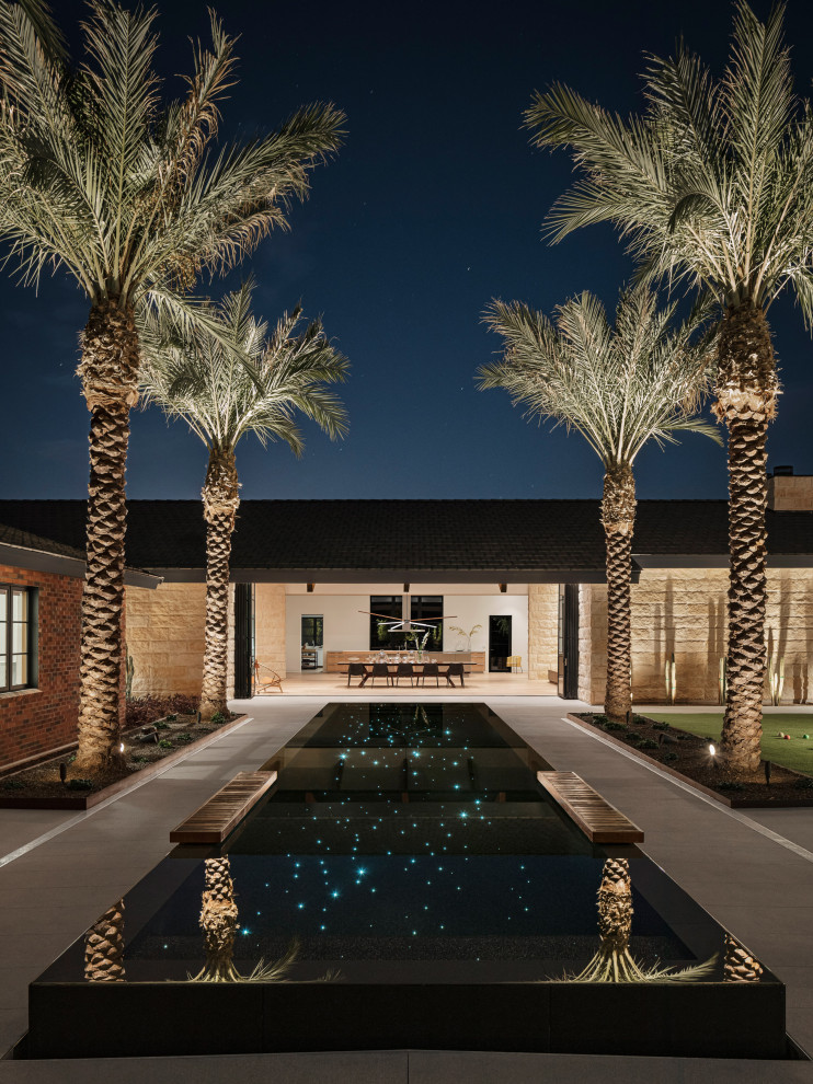 Immagine di una grande piscina a sfioro infinito minimal rettangolare in cortile con paesaggistica bordo piscina e lastre di cemento